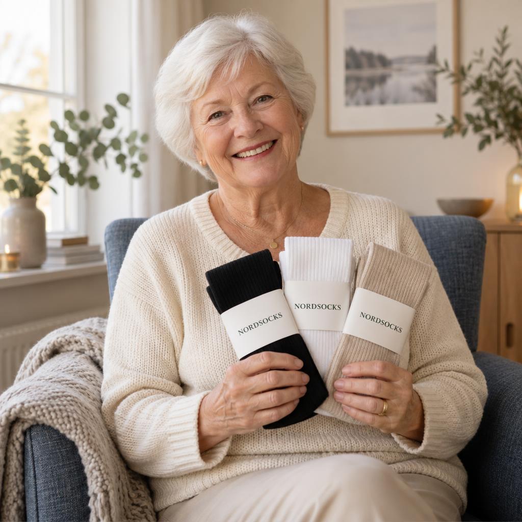 Kvinna visar stödstrumpor i svart, vitt och beige med NORDSOCKS-band, illustrativ bild